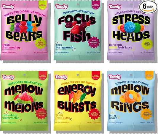 Tandy Gummy Sampler Variety Pack I Stress Relief, Energy Boost, Focus, Relaxing and Probiotic Gummy Bears I Gluten-Free Fast-Acting Dietary Supplement I 6-Pack