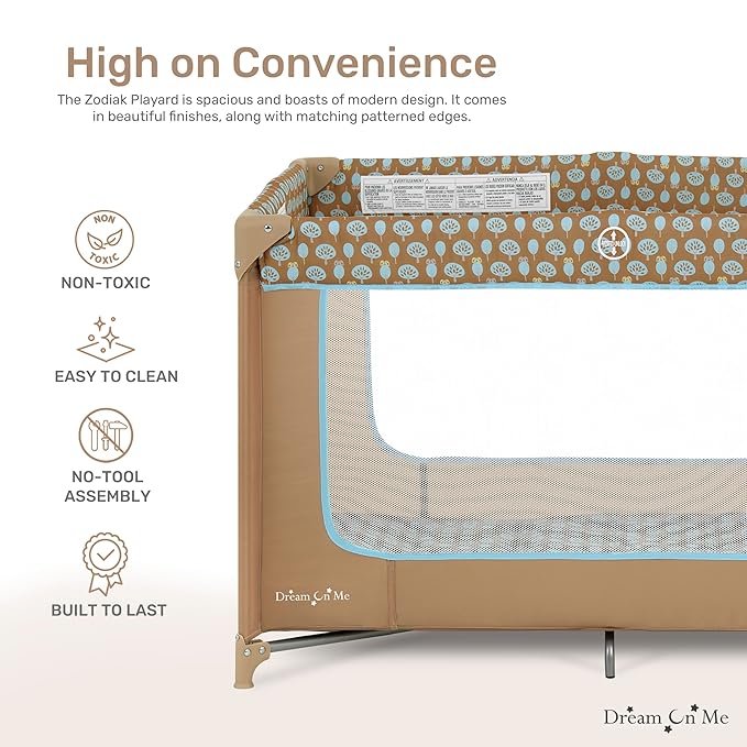 Dream On Me Zodiak Portable Playard in Coffee and Blue, Lightweight, Packable and Easy Setup Baby Playard, Breathable Mesh Sides and Soft Fabric - Comes with a Removable Padded Mat