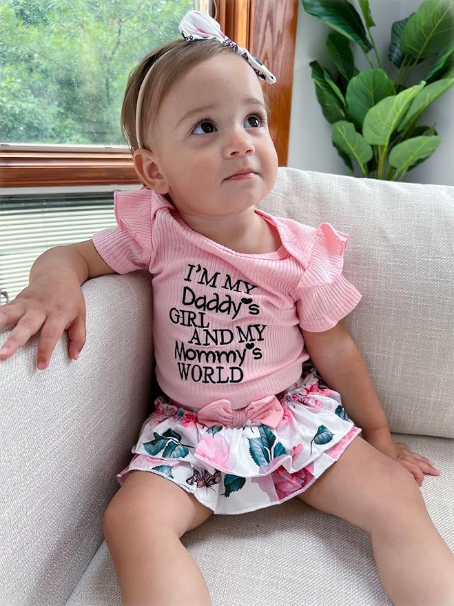 HIHA Infant Baby Girl Summer Clothes Letter Print Bodysuit Floral Shorts Outfit with Headband