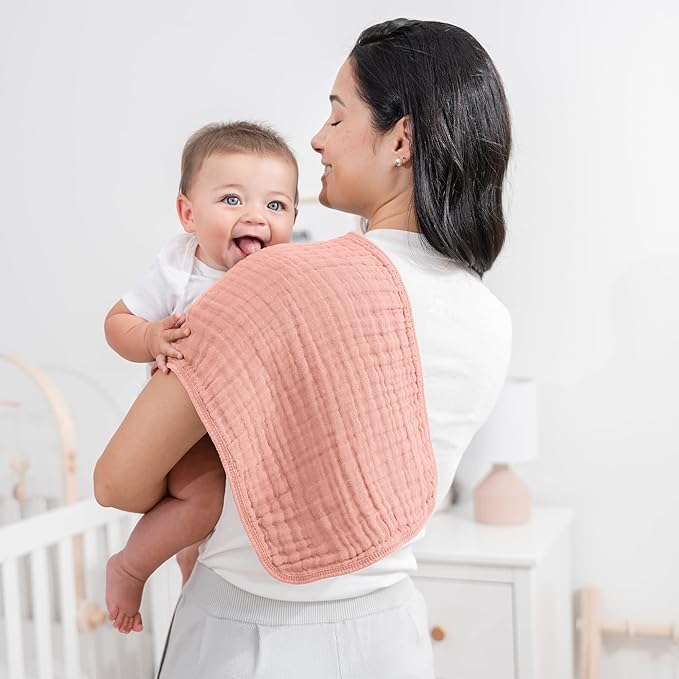 Comfy Cubs Muslin Burp Cloths 20" x 10", Pack of 10 - Large, 6-Layer, Ultra Absorbent 100% Cotton for Baby Drool and Messes - Soft, Safe & Gentle Baby Burp Cloths for Boys & Girls - Bold Blush