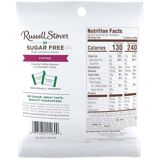 RUSSELL STOVER Sugar Free Toffee Squares in Chocolate Candy, 2 oz. bag (Pack of 10)