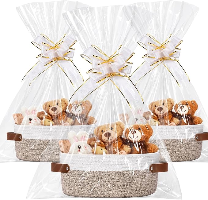 Colingmill 3 Pack Small Woven Basket for Gifts with Handles Clear Bags and Ribbons Empty Storage Basket Decorative Chest Box for Halloween Thanksgiving Day Birthday(White and Khaki,12"x 8"x 5")