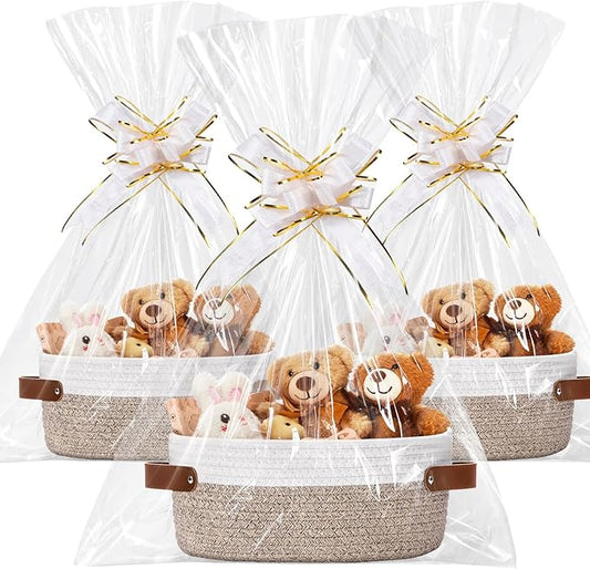 Colingmill 3 Pack Small Woven Basket for Gifts with Handles Clear Bags and Ribbons Empty Storage Basket Decorative Chest Box for Halloween Thanksgiving Day Birthday(White and Khaki,12"x 8"x 5")