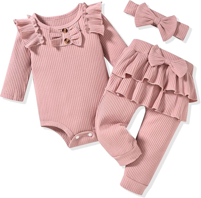 Aalizzwell Preemie Newborn Infant Baby Girls Clothes Ribbed Bodysuit Pants Set Fall Winter Outfits