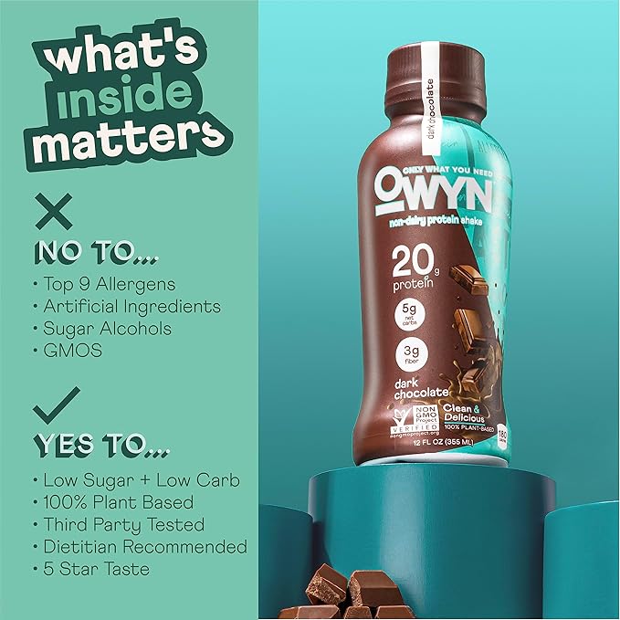 OWYN Only What You Need Plant Based Protein Shake, Dark Chocolate, 20g Vegan Protein from Organic Pumpkin seed, Flax, Pea Blend, Omega-3, Prebiotic supplements, Gluten and Soy-Free, (12 Pack)