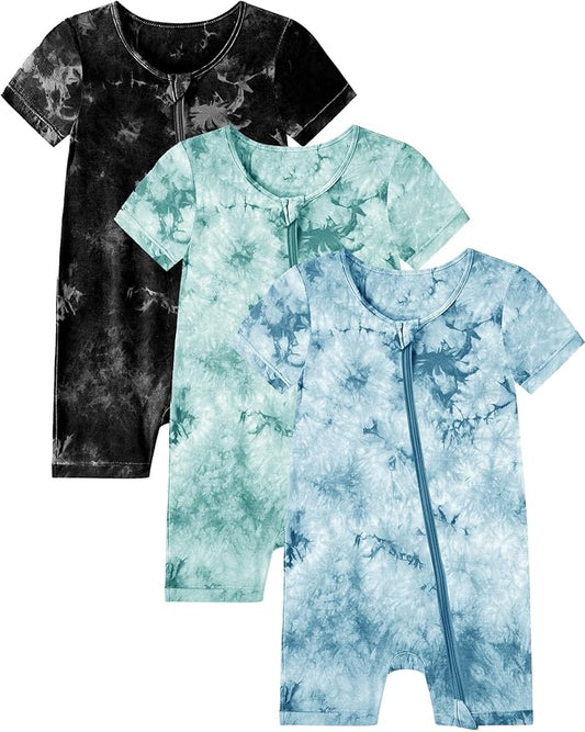 Jimonda Baby Girl Boys Rayon From Bamboo Pajamas 3 Pack Short Sleeve Footless Romper 2 Way Zipper Tie Dye Pjs Sleeper 0-24M