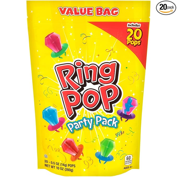 Ring Pop Lollipops - Bulk Candy Individually Wrapped Suckers Variety Party Pack- 20 Count w/ Assorted Flavors - Hard Candy for Party Favors, Kids & Goodie Bags