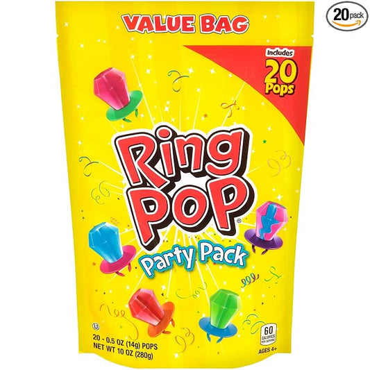 Ring Pop Lollipops - Bulk Candy Individually Wrapped Suckers Variety Party Pack- 20 Count w/ Assorted Flavors - Hard Candy for Party Favors, Kids & Goodie Bags