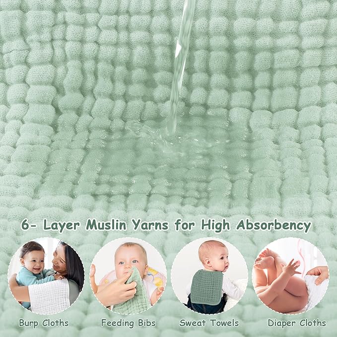 Looxii Muslin Burp Cloths 100% Cotton Muslin Cloths Large 20''x10'' Extra Soft and Absorbent 6 Pack Baby Burping Cloth for Boys and Girls White+Green