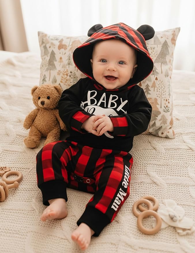 Fommy Newborn Baby Boy Clothes Plaid Letter Print Long Sleeve Hoodies + Long Pants 2PCS Fall Winter Outfits Set