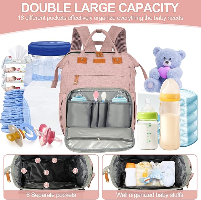 large diaper bag backpack，baby bag with changing station for Boys Girls，Multifunctional Diaper Bag，Mommy Bag With USB Charging Port（Pink）