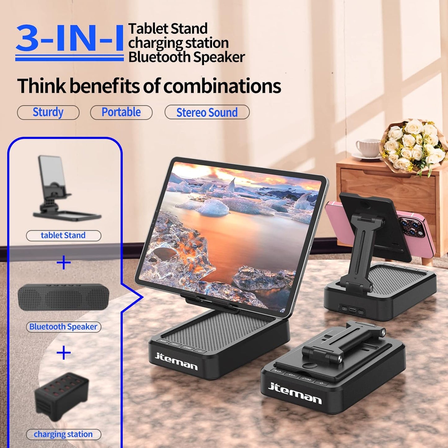 JTEMAN Tablet Stand Adjustable with Bluetooth Speakers,Kitchen Gadgets,Gifts for Women Men,Wireless Bluetooth Speaker Tablet Holder,Desk Mic Charging Sation Compatible with Phones and Tablet