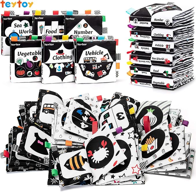 teytoy Baby Soft Cloth Book Set 6 PCS, Black and White High Contrast Baby Activity Crinkle Books for 0 3 6 9 12 Months Newborn Infants Babies Boys and Girls Early Educational Learning Toys
