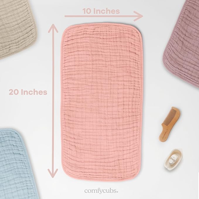 Comfy Cubs Muslin Burp Cloths 20" x 10", Pack of 10 - Large, 6-Layer, Ultra Absorbent 100% Cotton for Baby Drool and Messes - Soft, Safe & Gentle Baby Burp Cloths for Boys & Girls - Bold Blush