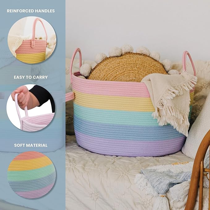 OrganiHaus Cute Basket for Pastel Rainbow Classroom Decor 20x13, Toy Basket Storage for Kids Room, Toy Bins for Kids Organizer, Large Blanket Basket Living Room, Rainbow Storage Bins, Nursery Hamper