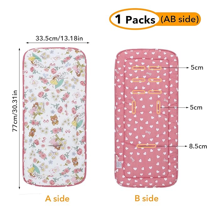 Baby Stroller Cushion,Infant Car Seat Insert-Reversible Universal Breathable and Soft Newborn Stroller Mat,100% Cotton Cover Toddler Seat Pad Liner-34x78cm,1 Pack(Pink Princess)