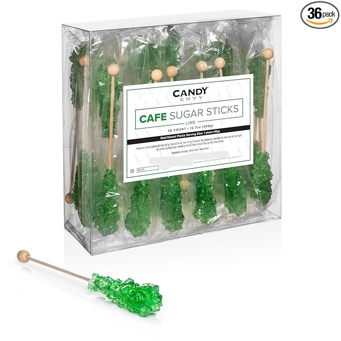 Candy Envy - Green Café Sugar Sticks Mini Rock Candy - 36 Individually Wrapped Treats - Lime Flavored