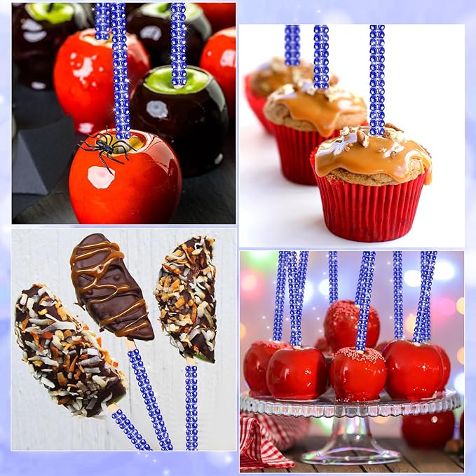 Bling Sticks for Candy Apples, 26Pcs Caramel Apple Wooden Pointed Skewers with 26Pcs Glass Bag and 22Yd Glitter Ribbons Tie, Fruit Cake Pop Chocolate Blue Crystal Bamboo Sticks for Party Favor