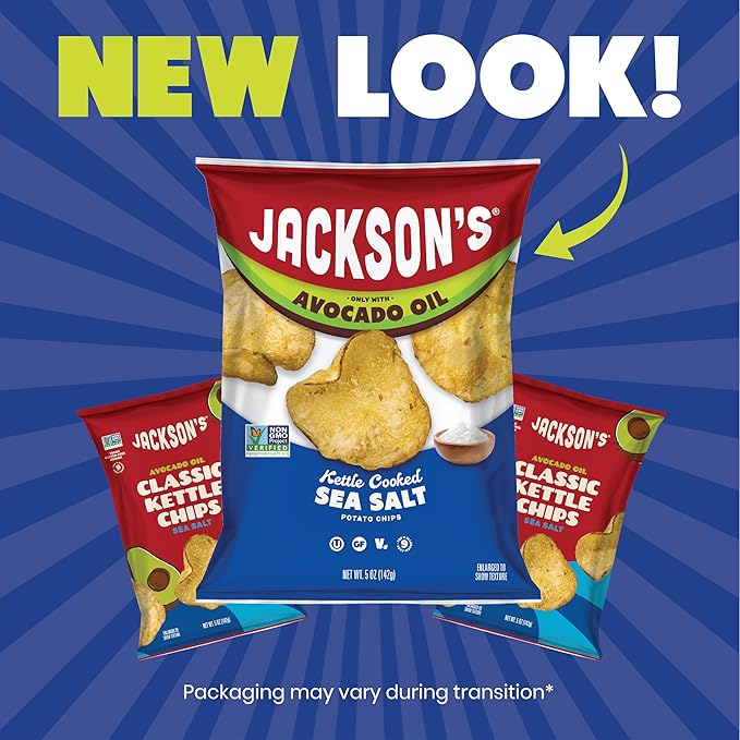 Jackson’s Potato Classic Kettle Chips with Sea Salt (5oz, Pack of 7) - Made with Premium Avocado Oil - Allergen-friendly, Gluten Free, Peanut Free, Vegan, Kosher - Shark Tank Product