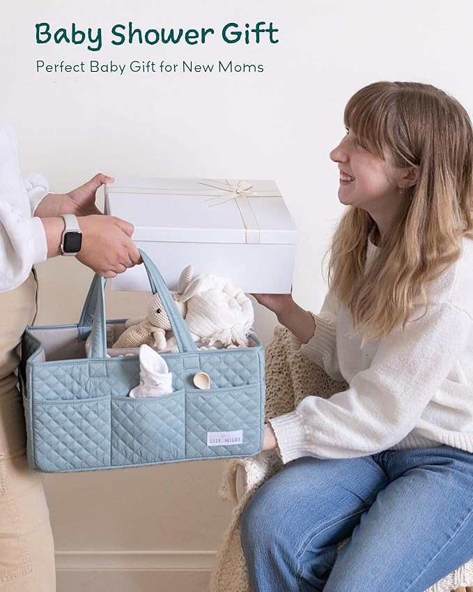 Lily Miles Baby Diaper Caddy Organizer, Quilted Nursery Storage Basket for Newborn Essentials and Diaper Changing Station, Gift for Baby Shower and Registry Must-Have (Willow Green)