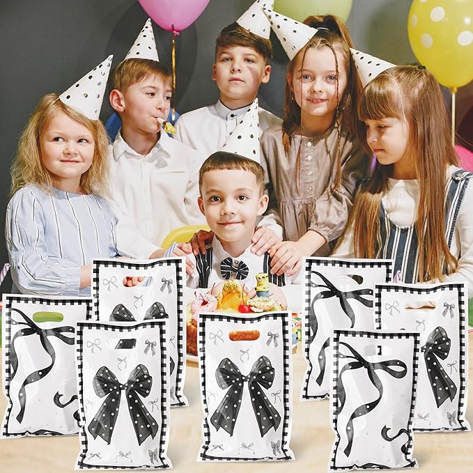 Black Bow Party Favor Bags - 50Pcs Coquette Girls Goody Candy Treat Gifts Bags, Trendy Preppy Black Bow Knot Theme Party Decorations for Women Girls Birthday Wedding Bridal Shower Bachelorette