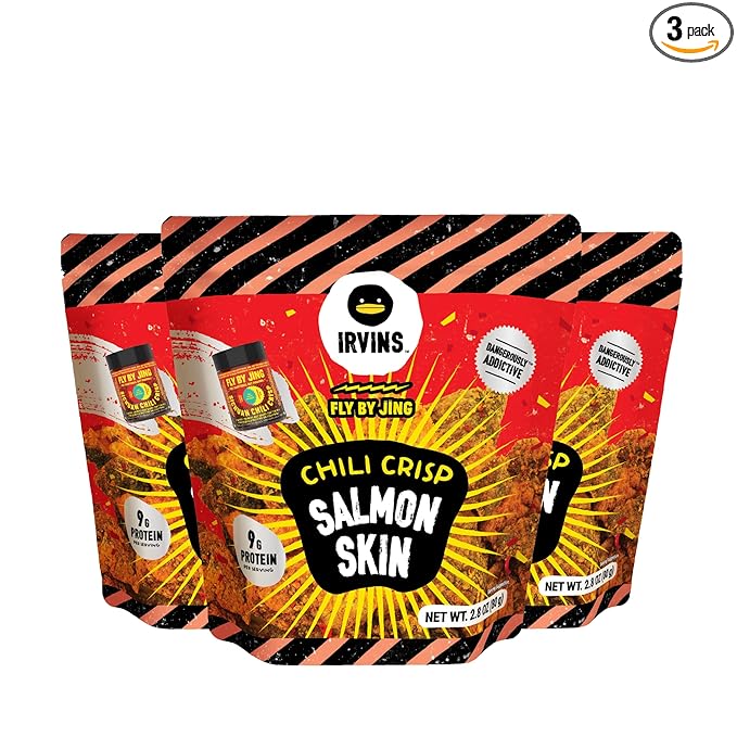 Irvins Salted Egg Salmon Skins,(2.8 Ounce (Pack of 3), Chili Crisp Salmon Skin)