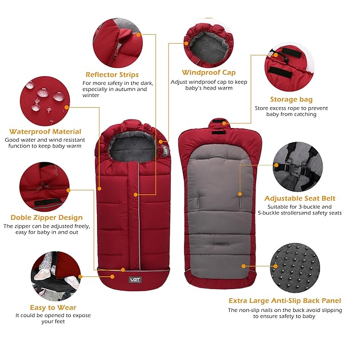 LAT Baby Warm Bunting Bag Universal,Stroller Sleeping Bag Cold Weather,Waterproof Toddler Footmuff(Basic,Red)