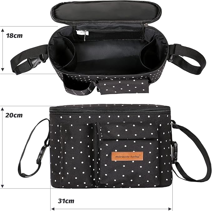 Miracle Baby Stroller Organizer Bag for Mom,Universal Stroller Storage Caddy Diaper Bag- Compatible with Most Stroller - Multifunctional Larg(Black White Star)