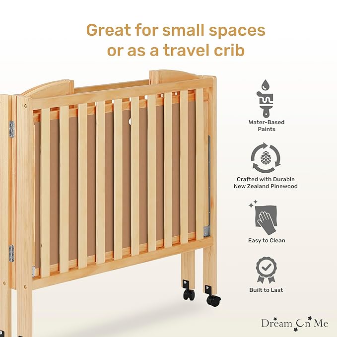 Dream On Me 3 in 1 Portable Folding Stationary Side Crib in Natural, Greenguard Gold Certified, Safety Wheel with Locking Casters, Convertible, 3 Mattress Heights