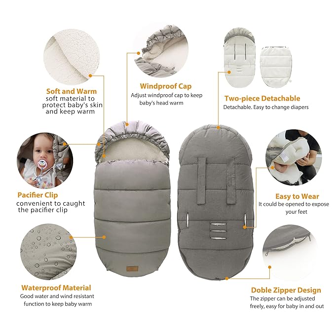 LAT Baby Warm Bunting Bag Universal,Stroller Sleeping Bag Cold Weather,Waterproof Toddler Footmuff(Detachable,Grey)