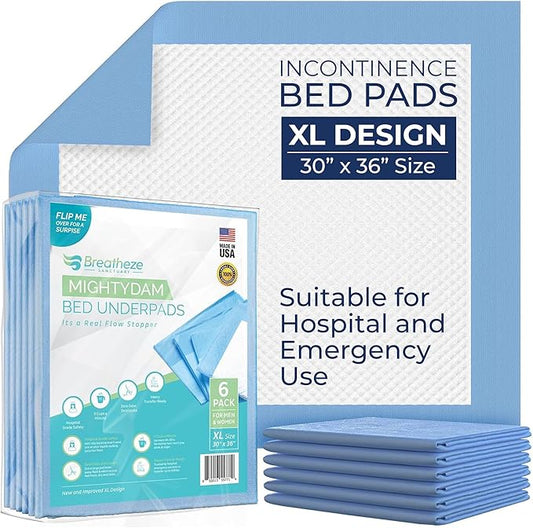 Breatheze Incontinence Bed Pads – Extra Large Disposable Underpads for Adults, Elderly, Kids, and Pets – Heavy Duty Absorbent Padding, Waterproof Under Pee Protector Pad with 375 LB Capacity - 6 Pack