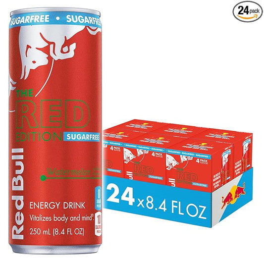 Red Bull Red Edition Sugar Free Energy Drink, Watermelon, with 80mg Caffeine plus Taurine & B Vitamins, 8.4 Fl Oz, 6 Packs of 4 Cans (Pack of 24)