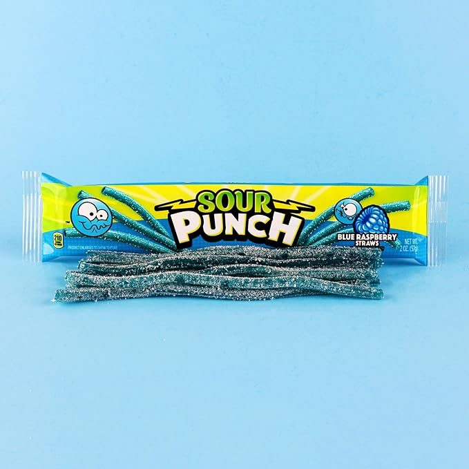 Sour Punch Straws, Sweet & Sour Flavored Soft, Chewy Candy, Tray, Blue Raspberry , 2 Ounce (Pack of 24)