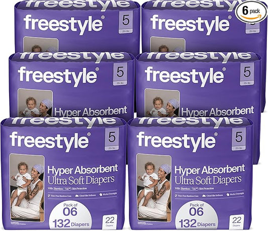 Freestyle BambooTek Diaper – (Size 5) Hyper Absorbent & Non-Toxic – Disposable Diaper for Sensitive Skin – Ultra Soft Diapers (25+ lbs) – 132 Count