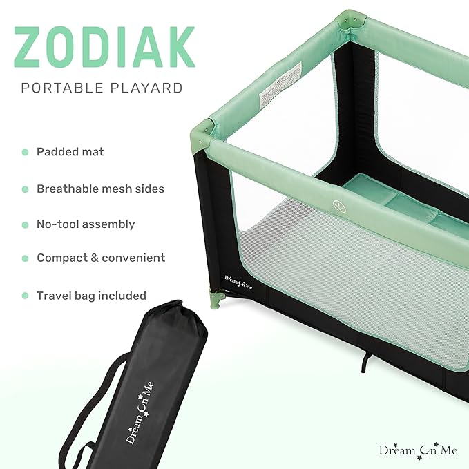 Dream On Me Zodiak Portable Playard in Mint, Lightweight, Packable and Easy Setup Baby Playard, Breathable Mesh Sides and Soft Fabric - Comes with a Removable Padded Mat