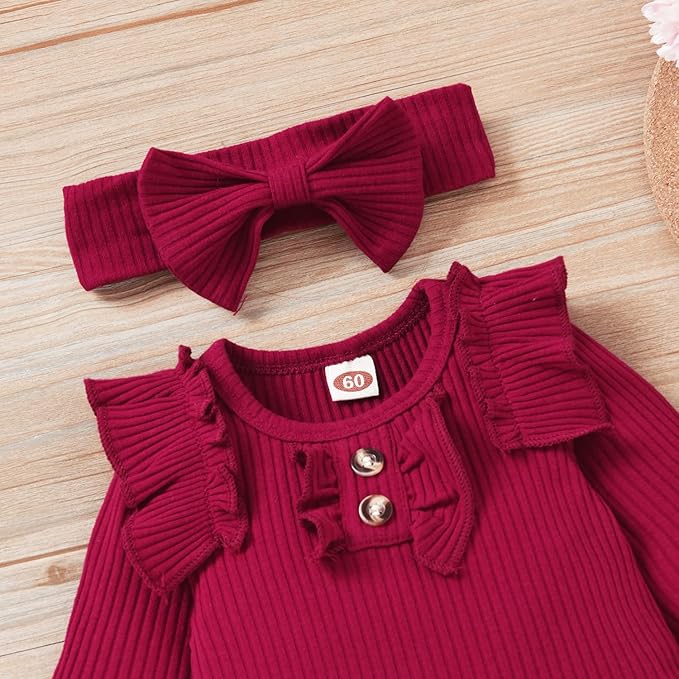 Aalizzwell Preemie Newborn Infant Baby Girls Clothes Ribbed Bodysuit Pants Set Fall Winter Outfits