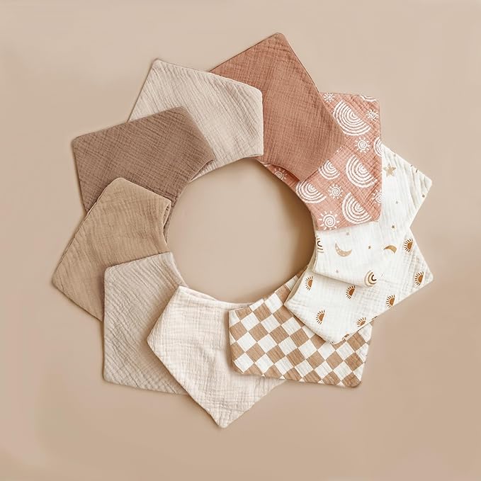 Konssy Muslin Baby Bibs 10 Pack Baby Bandana Drool Bibs 100% Cotton for Unisex Boys and Girls, Soft Absorbent Set for Teething and Drooling