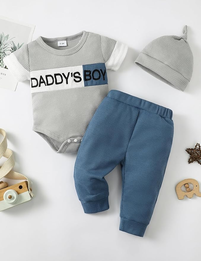 SUNNY PIGGY Baby Boy Clothes Newborn Infant Boys Outfits Romper Hat Pants 3PC Set 0-3 3-6 6-12 12-18 Month Clothing Gift