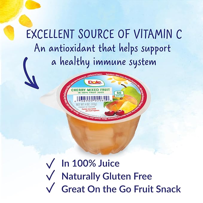 Dole Fruit Bowls Cherry Mixed Fruit in 100% Juice Snacks, 4oz 36 Total Cups, Gluten & Dairy Free, Bulk Lunch Snacks for Kids & Adults (Pack of 2)