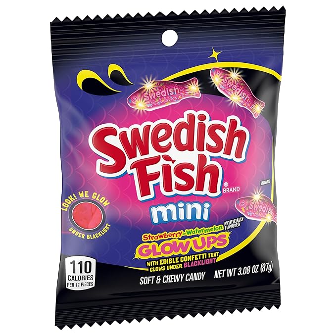 SWEDISH FISH Mini Glow Ups Strawberry-Watermelon Soft & Chewy Candy, Bulk Candy, 12-3.08 oz Bags