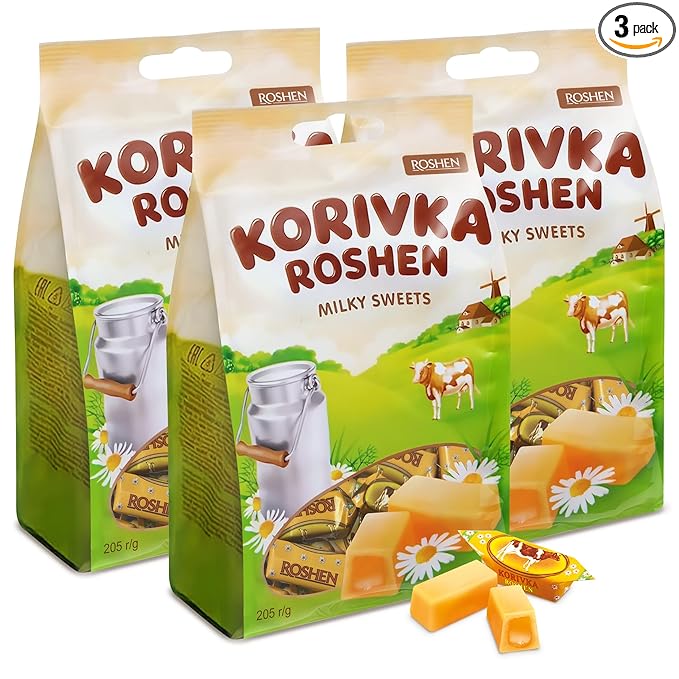 Roshen Korivka Cow Candy, Milky Sweets Fudge Candy, Kosher, Halal 7.23oz/205 gram Pack of 3