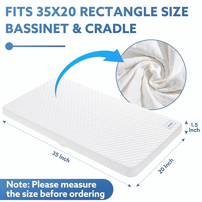 Pro Goleem Baby Bassinet Mattress Pad 35"x20" Rectangle, Waterproof Soft Cover Gel Memory Foam, Dual Side Cradle Mattress fit Dream On Me Skylar/AirClub/ANGELBLISS/AMKE Bassinet