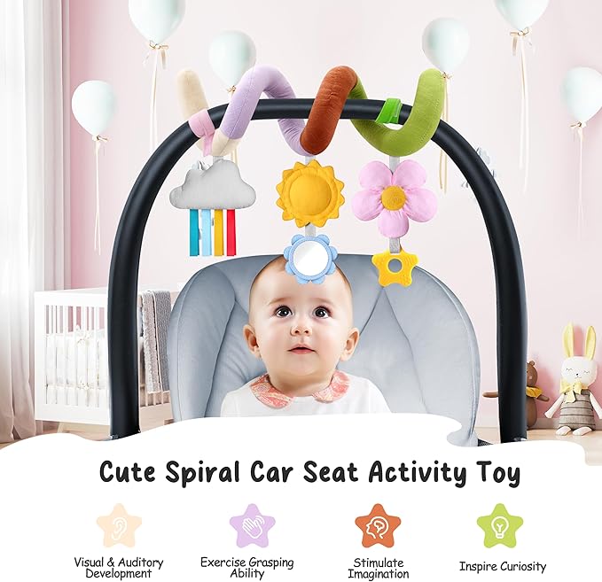Stuffed Spiral Baby Car Seat Toys, Beat Newborn Gifts, Soft Infant Must Have Hanging Toys (Vibrant Nature)