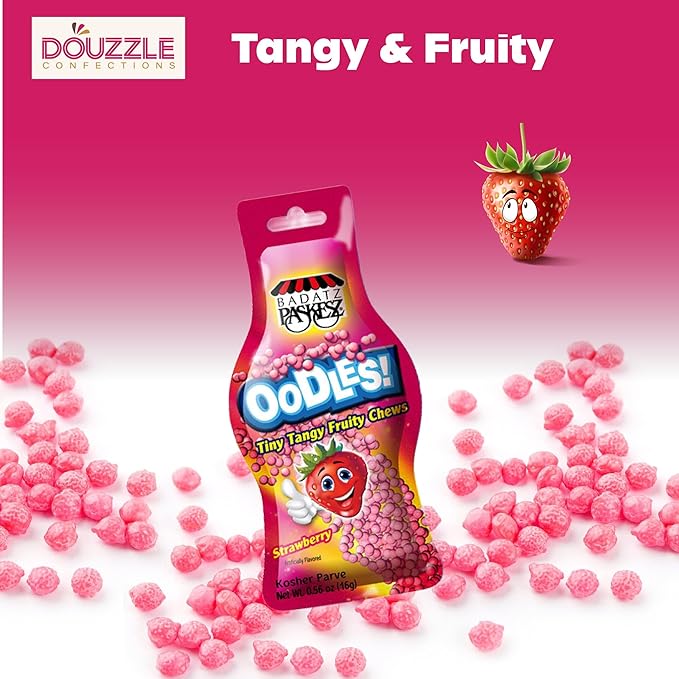 DOUzzle Back To School Oodles Strawberry Tiny Tangy Fruity Chews Mix (12 Count, 1 Pack) Individually Wrapped, Party Favor, Goodie Bag & Pinata Filler - Kosher Parve
