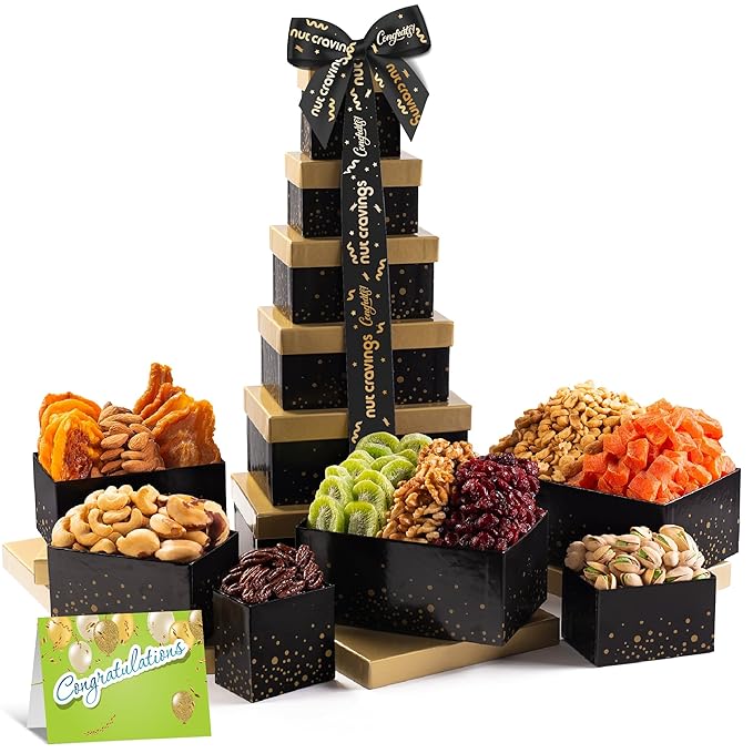NUT CRAVINGS Gourmet Collection - Congratulations, Nuts & Dried Fruits Tower Gift Basket, with Congrats Ribbon + Greeting Card (12 Assortments) Food Arrangement, Healthy Snack, Food Assortments