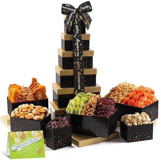 NUT CRAVINGS Gourmet Collection - Congratulations, Nuts & Dried Fruits Tower Gift Basket, with Congrats Ribbon + Greeting Card (12 Assortments) Food Arrangement, Healthy Snack, Food Assortments