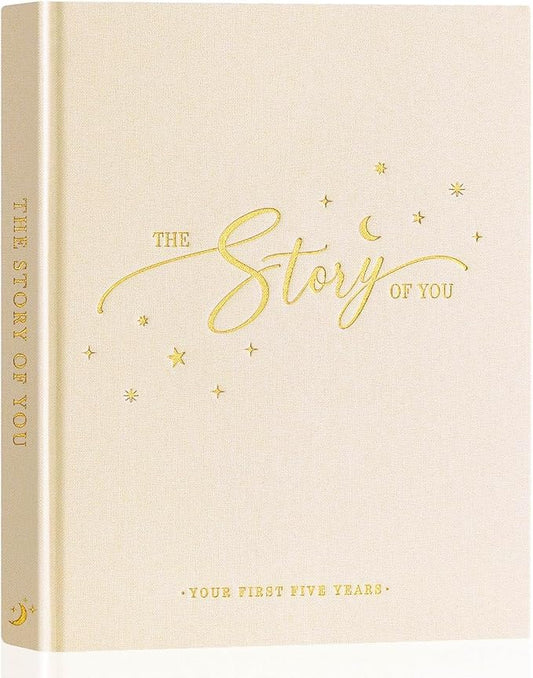Lanpn Baby Memory Book - Linen Baby Book Memories Keepsake - The Story of You - Newborn Baby First 5 Year Journal Scrapbook Photo Book Milestone Album for Boy Girl New Parents (Beige, 154 Pages)
