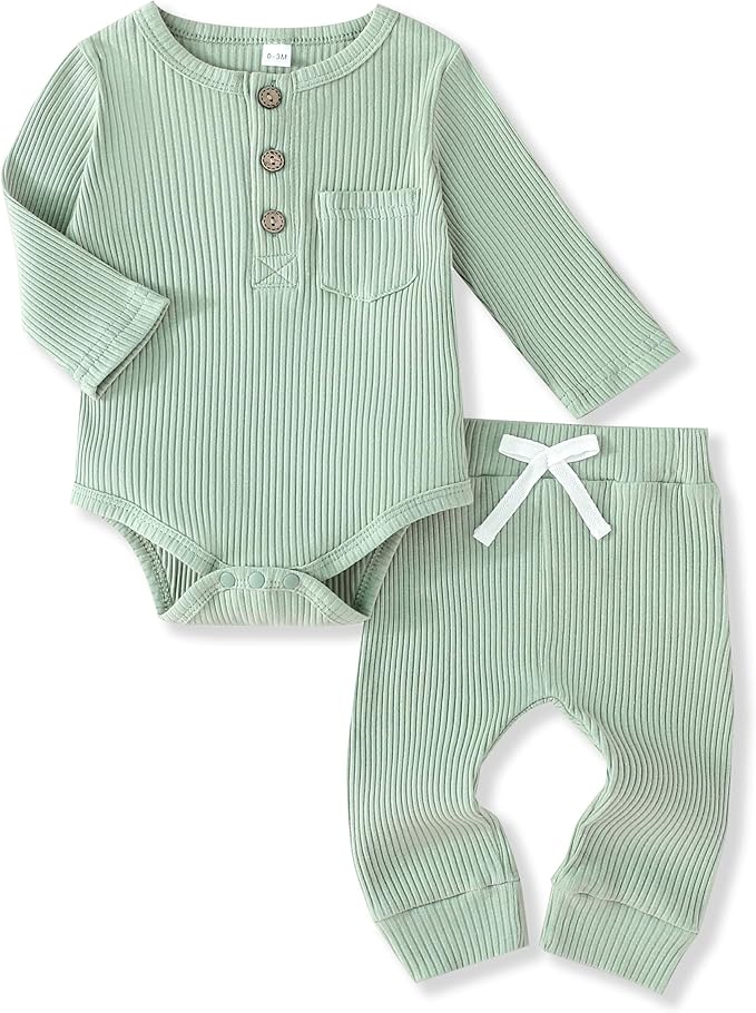 Newborn Baby Boy Girl Clothes Ribbed Knit Cotton Long Sleeve Romper Long Pant Preemie Solid Color Unisex Outfits