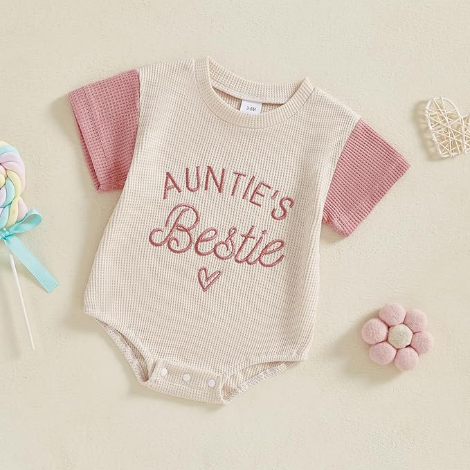 SAYOO Aunties Bestie Baby Girl Clothes Letter Embroidery Waffle Color Block Sweatshirt Bodysuit Fall Bubble Romper Pullover