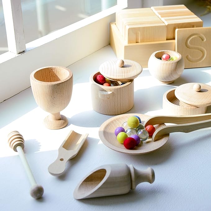 Blue Ginkgo Sensory Bin Tools – Montessori Fine Motor Skills Learning Set for Toddlers and Kids Pretend Play [9 PC] Kitchen Wooden Set with Scoops, Bamboo Tongs